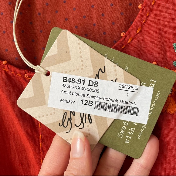 Gudrun Sjoden Shimla Artist Blouse Cotton Linen Red Size Medium Embroidered Bead - Picture 7 of 11